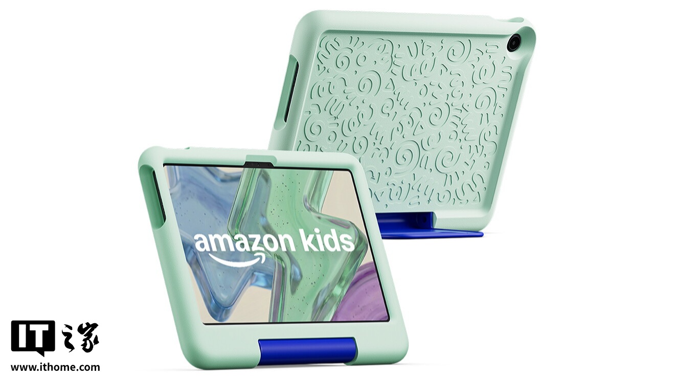 子供向けタブレットの前面と背面。画面にはamazon kidsの文字、背面は多数のうずまき模様が施されている。